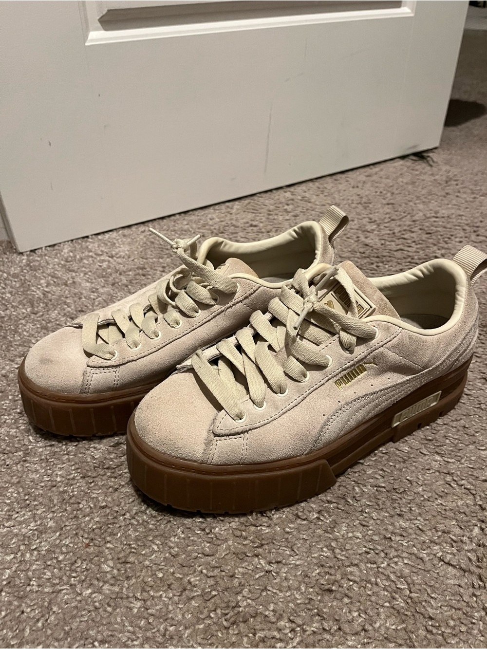Puma Women's Cream Suede Platform Sneakers with Brown Gum Sole